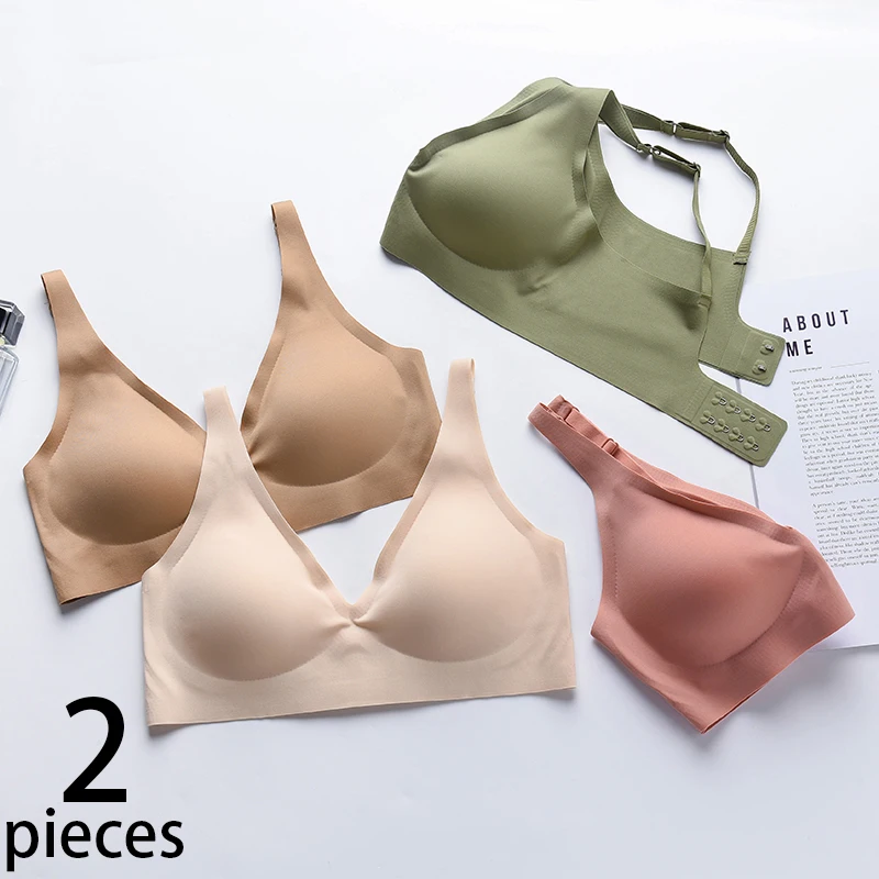 SofbeauForY 2pcs Seamless JELL-O strips No Steel Ring Bra Deep V Gather Thin Comfortable Breast Lift Adjustable Underwear women