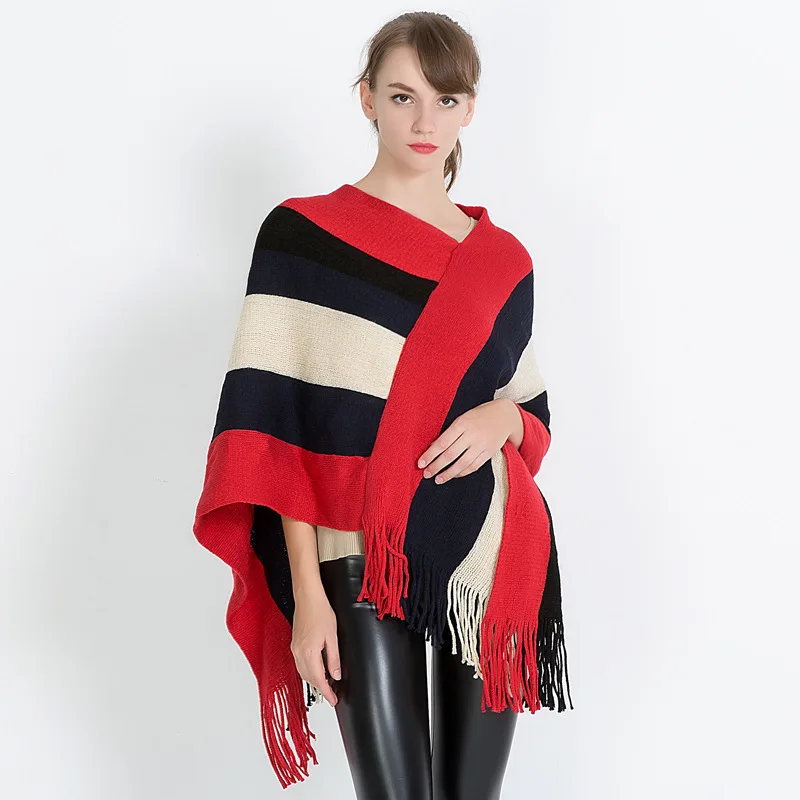 Autumn Winter Tassel Knitted Sweater Fashion Women Capes + Ponchoes Long Sleeve Solid Color Pullovers Female Poncho LW907