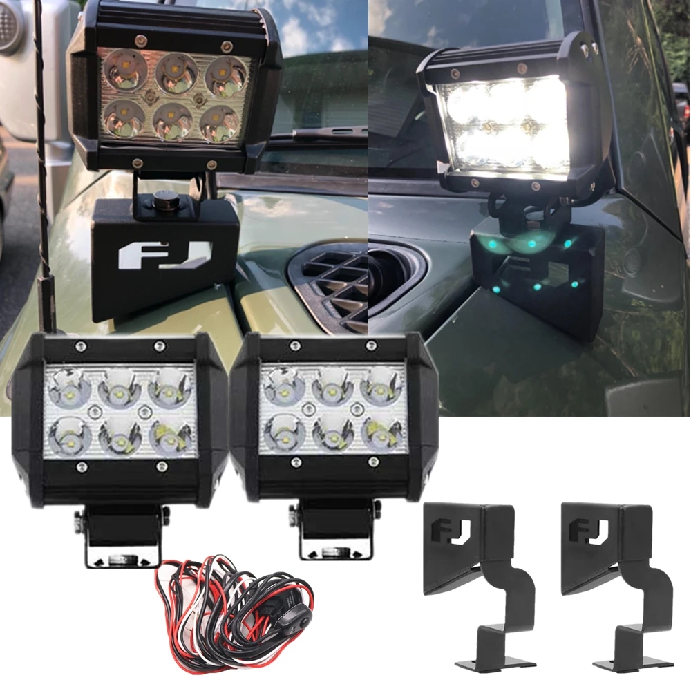 1Set Car Front Cowl 4inch 18W Led Work Light Bar With Windshield Pillar Mounting Brackets for Toyota Fj Cruiser 2007-2015