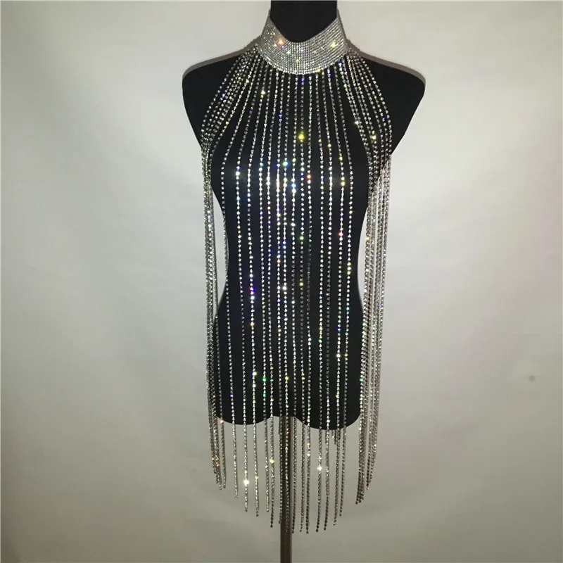 AKYZO 2025 Fashion Rhinestone Tassel Long Tank Tops Women Sexy Luxury Hollow Out Turtleneck Nightclub Party Show Carzy Top
