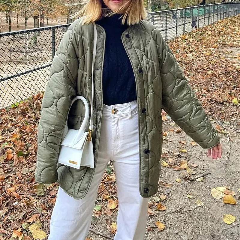 Army Green Oversize Quilted Jacket Woman 2021 Winter Fall Cotton Padded Coat Loose Casual No Collar Fashion Outwear Stylish Chic