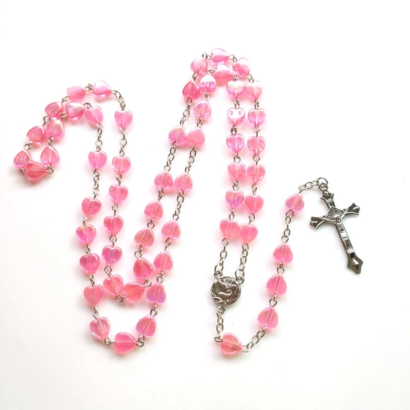 Catholic Porcelain Pink Rosary Prayer Necklace Mary Blessing Rosary Prayer Necklace Porcelain Pink Heart-shaped Beads N2UE