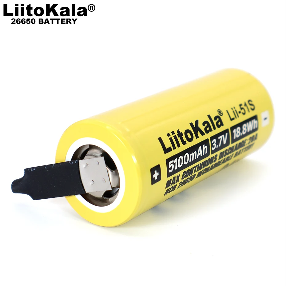 3-12PCS  Liitokala Lii-51S 26650 20A rechargeable battery, 26650A lithium Batteries 3.7V 5100mA  Suitable for flashlight+Nickel