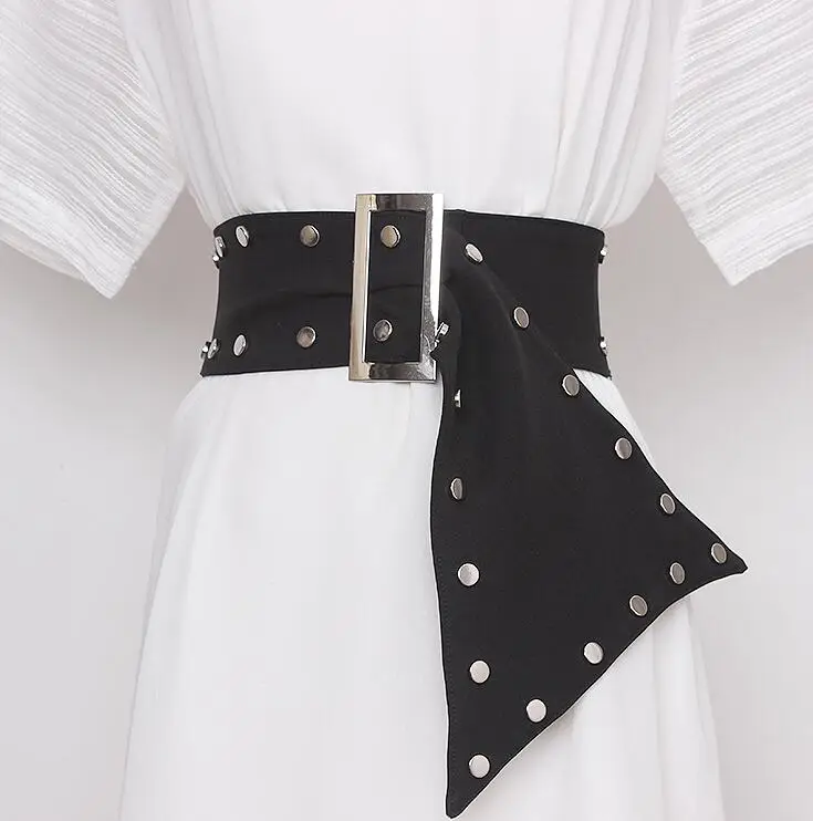 Women's runway fashion rivet punk white black fabric Cummerbunds female Dress Corsets Waistband Belts decoration wide belt R828