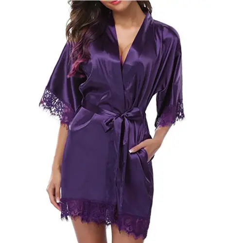 

2019 Silk Dress Ladies Women's Lace Sleepwear Robe Middle Lace Sleece Bathrobe Sexy Lingerie Night Gown Thongs