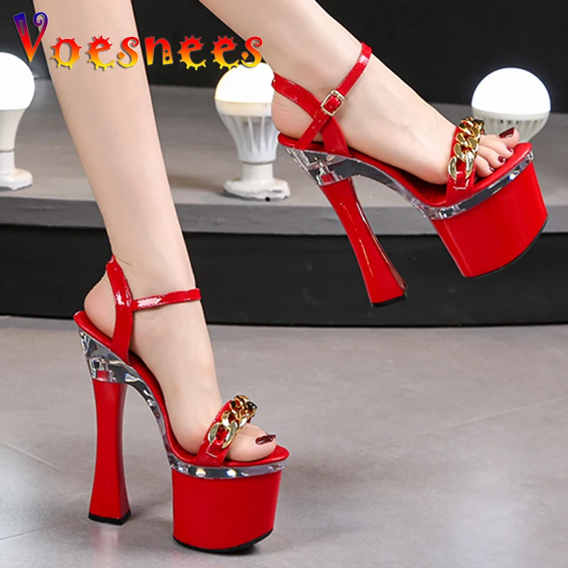 Metal Decoration Buckle Strap Women Shoes New Chunky Heel Sandals Summer Platform High Heels Nightclub Party Pole Dance Shoes