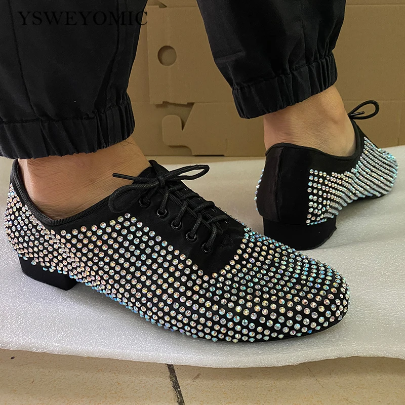 2021 Rhinestones Men\'s Latin Dance Shoes 4cm 2cm Customized Split Flexible Outsole Ballroom Salsa Dance Shoes For Men