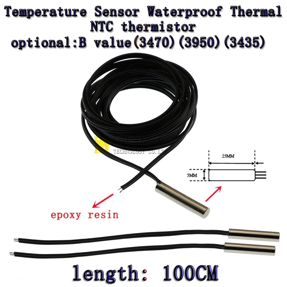 1 stks NTC Thermistor 100 CM B3950 3470 3435 1% 5 K 10 K 15 K 20 K 50 K 100 K Waterdichte Digitale Temperatuursensor Sonde Thermische Kabel