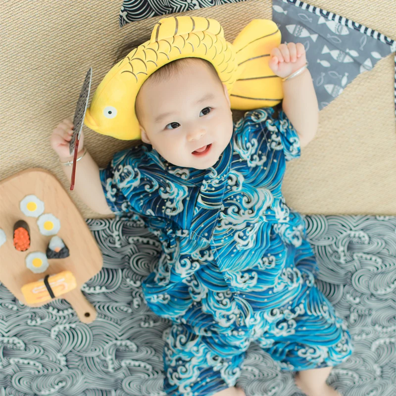 Japanese Children\'s Kimono 100 Days Old Shooting Props Creative Wave Pattern Pajamas Kimono Boys Casual Sleepwear For Gift LB835