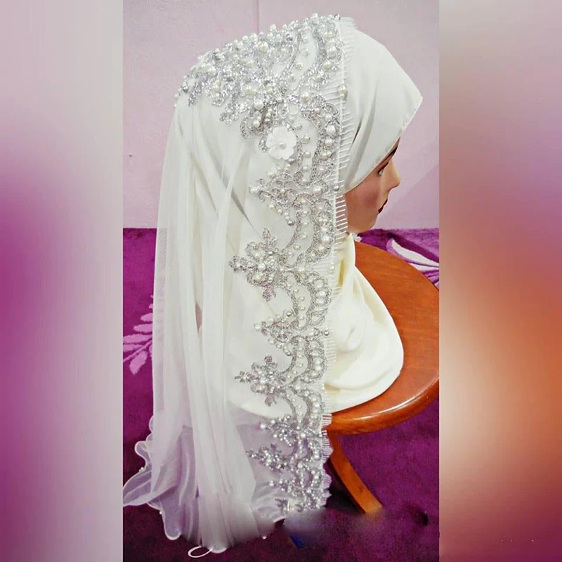 Fabuloso velo de novia árabe musulmán para mujer, velo de novia árabe con apliques de encaje, de Dubái Hijab, accesorios para ocasiones especiales