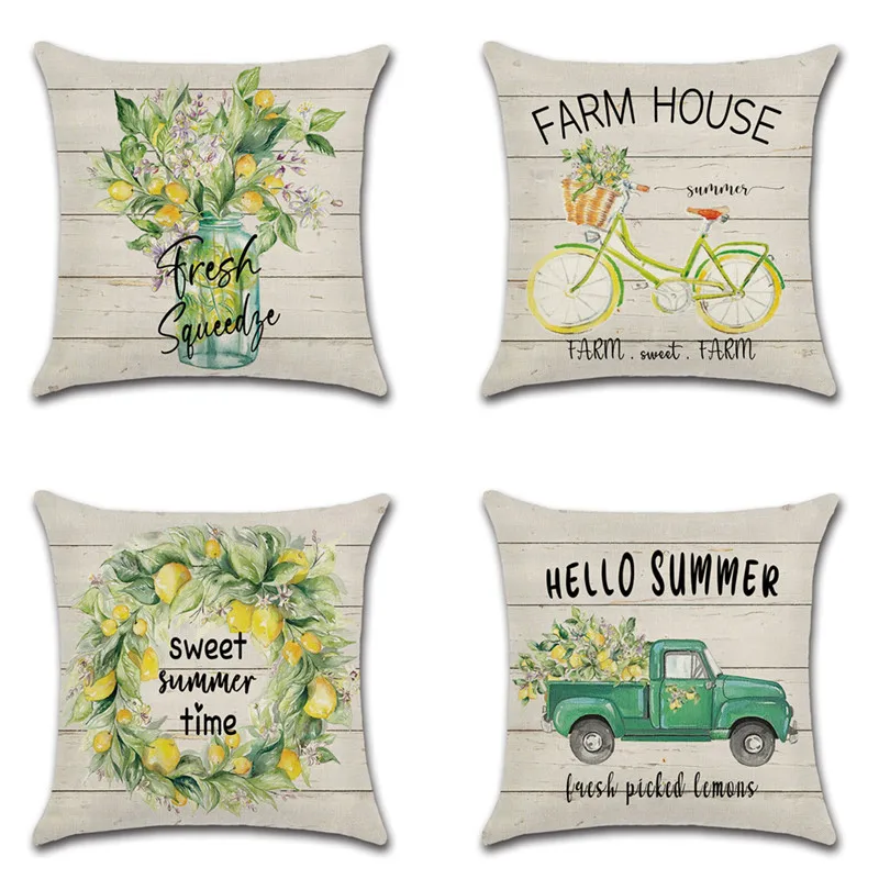 Summer Farm Theme Cushion Cover Floral  Bicycle Truck Printed Cotton Linen Throw Pillowcase Home Chair Sofa Car Decorative