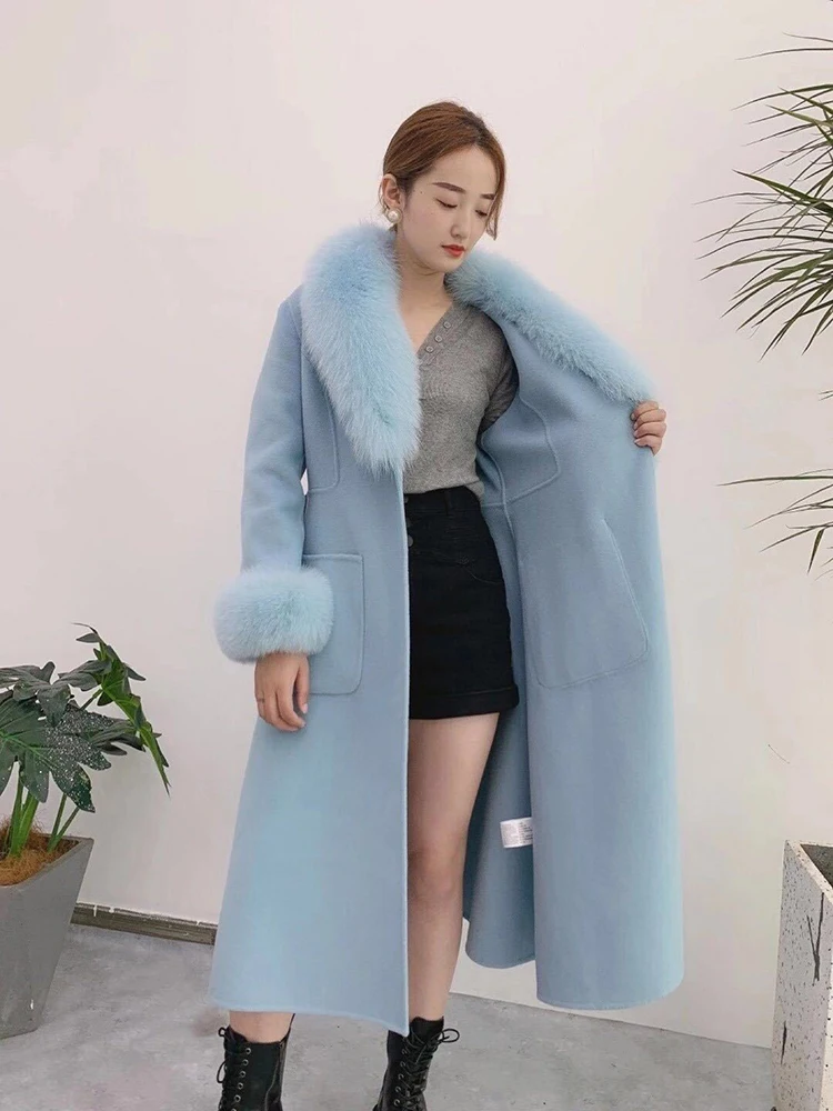 Ladies Women Winter Handmade Double Side 100% Woolen Real Fox Fur Collar Long Thick Warm Female Wool Coat