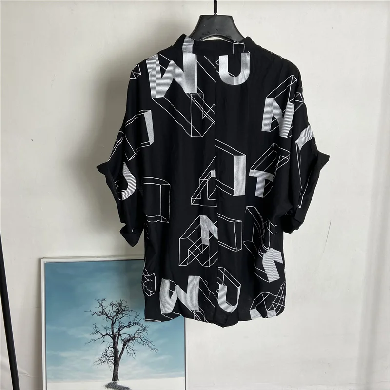 Stand Men Collar Half Sleeve Shirts Loose Letter Print Thin Shirt Summer New High Street Hip Hop Style Casual Tops Male M-XL