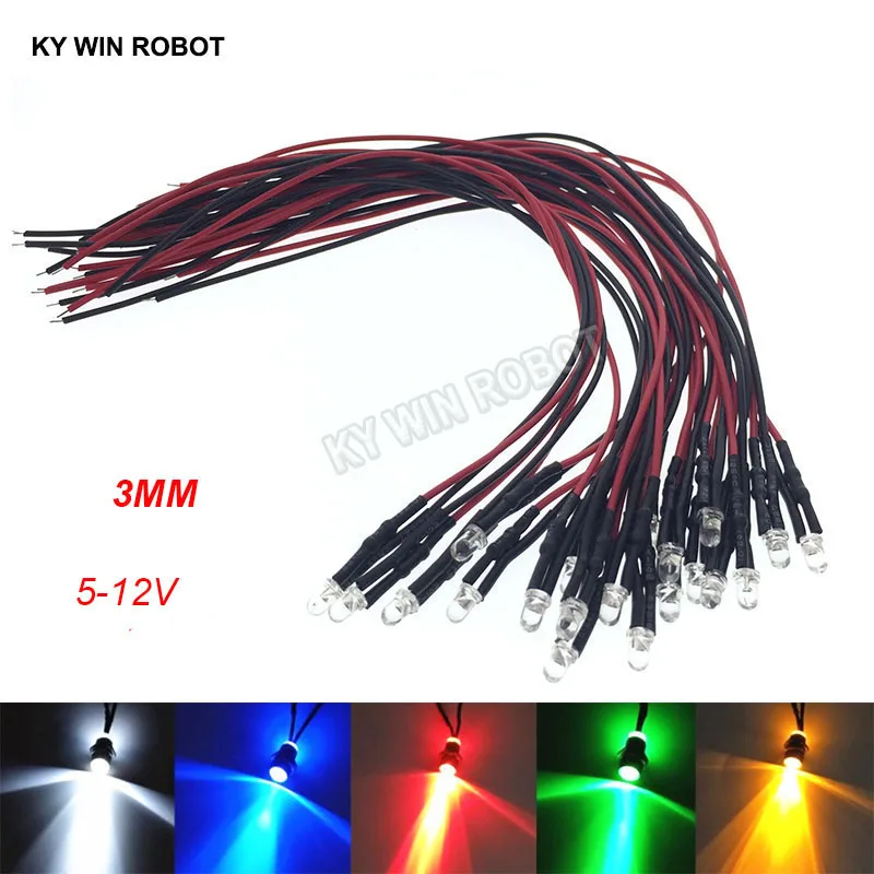10 SZTUK 3mm LED 5-12V 20cm Wstępnie okablowana Biały Czerwony Zielony Niebieski Żółty UV RGB Dioda Dekoracyjna Lampa Diody elektroluminescencyjne Wstępnie lutowane