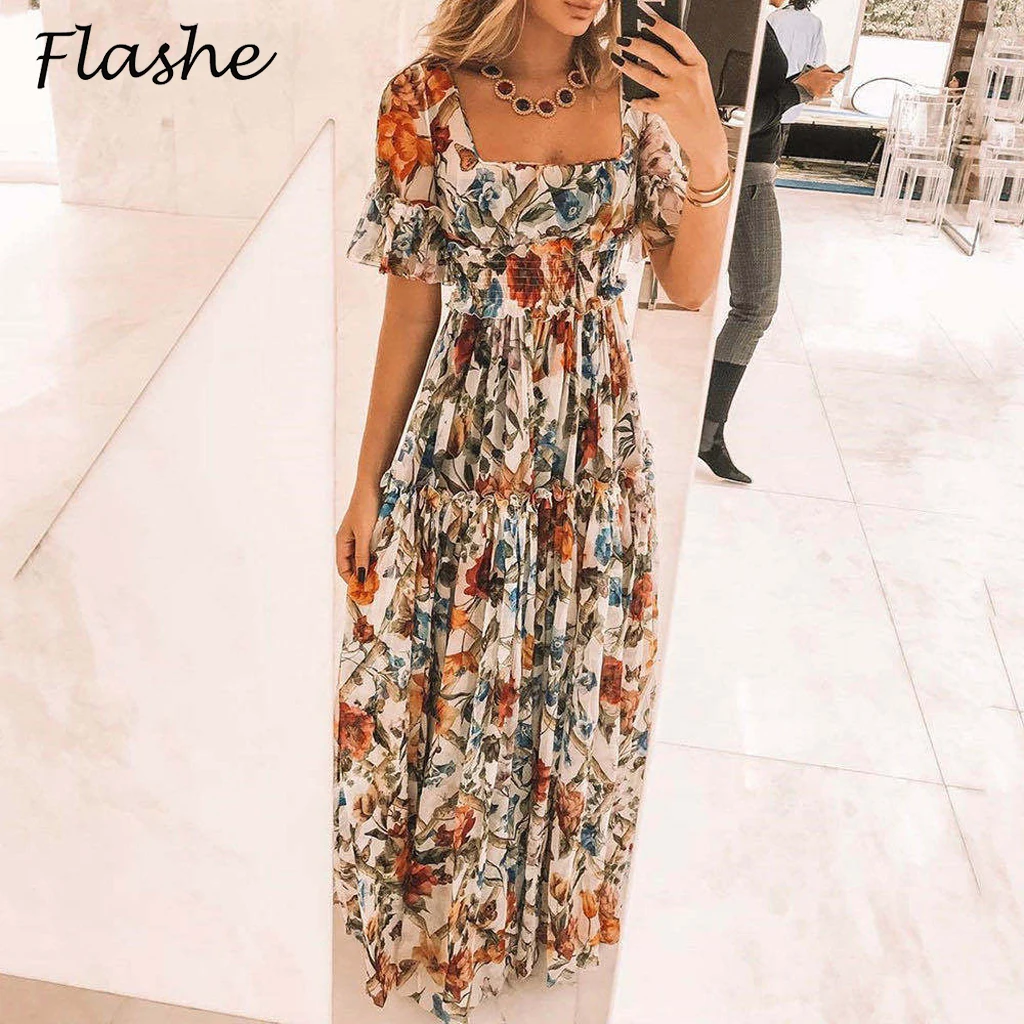 Zomer Strand Jurk Vrouwen Casual Korte Mouw Vierkante Kraag Elastische Taille Hoge Taille Bohemian Bloemenprint Maxi Jurk Plus Size