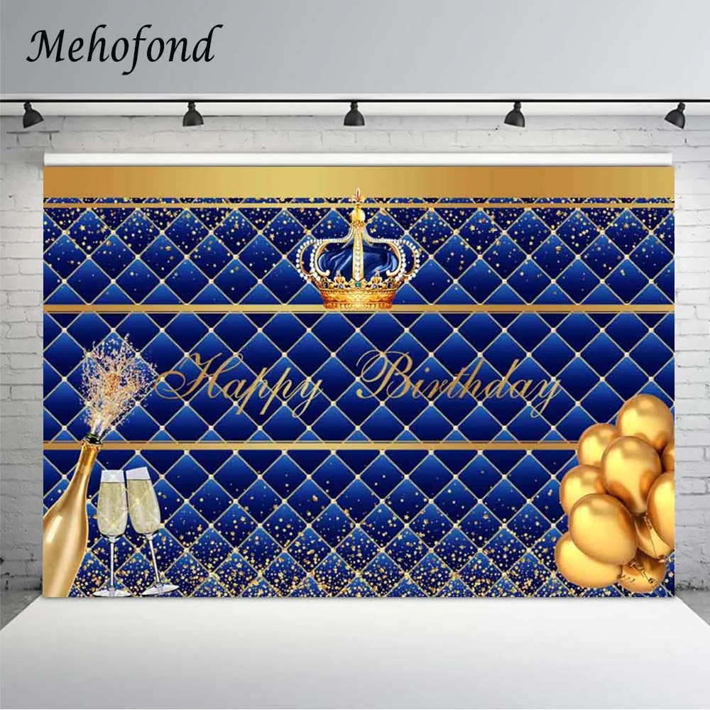 

Mehofond Photography Background Boy Birthday Party Blue Headboard Gold Crown Balloon Decor Photo Backdrop Studio Photophone Prop