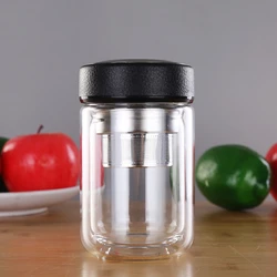 250ML Double Wall Glass Water Tea Bottle With Stainless Steel Infuser Filter Strainer Portable Travel Drinking Cup