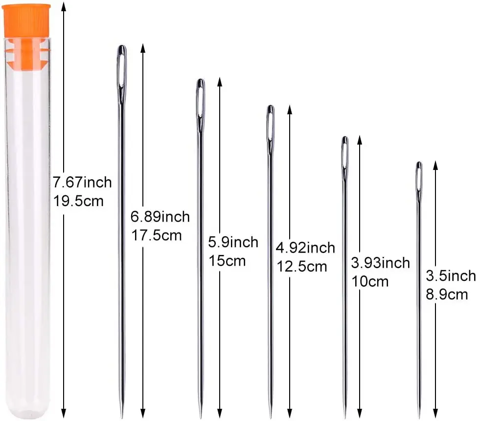 LMDZ 5PCS 5 Size Large Eye Stitching Long Needles Kit with Needle Storage Tube 3.5inch to 6.8inch Hand Sewing Needles for Sewing