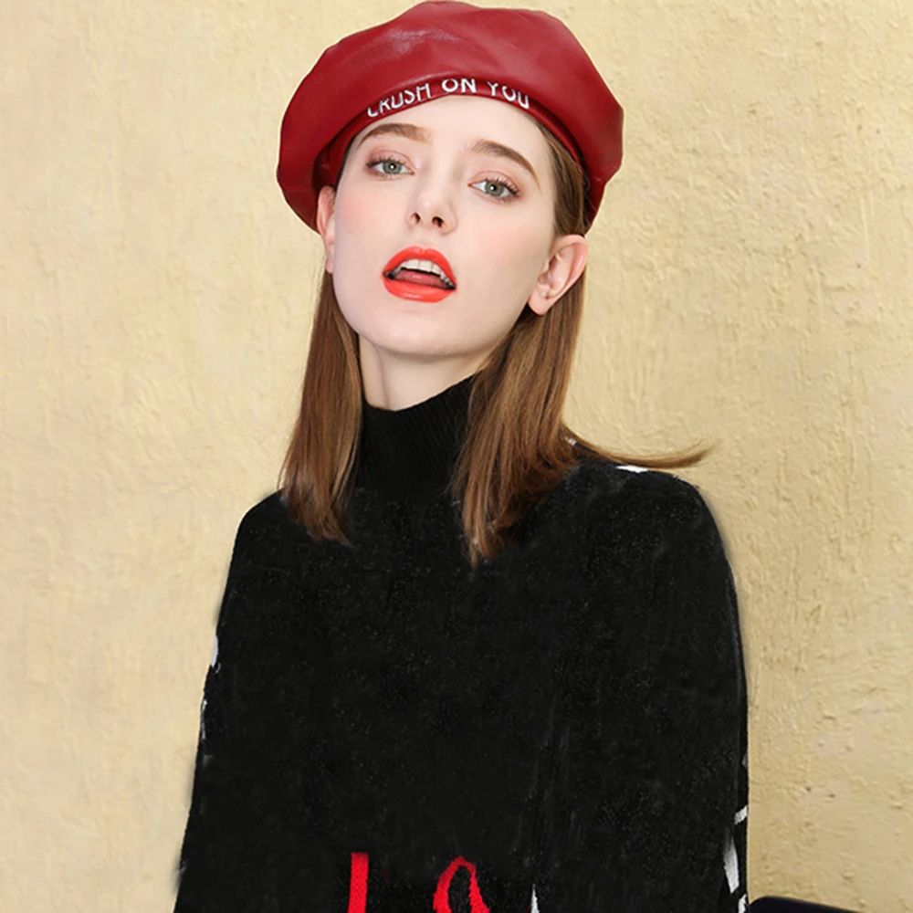 JOEJERRY Black Leather Beret Hat Embroidery Beret Flat Cap Boina Feminina Letter Hats for Women Girls