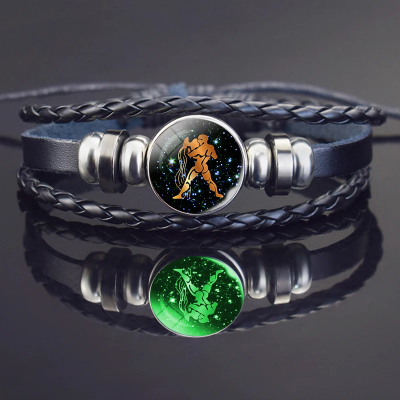 Luminous Aquarius Bracelet Zodiac Sign Braided Leather Bracelet Glow In The Dark Aquarius Jewelry Birthday Present