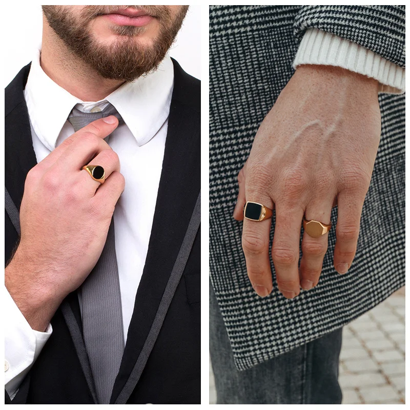 Vnox Gothic Signet Rings for Men, Punk Black Stone Pinky Ring,Gold Color Stainless Steel Chunky Boys Teens Fraternal Jewelry