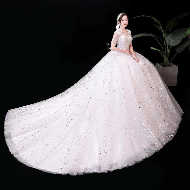 AnXin SH – robe de soirée en dentelle blanche, style rétro français, vintage, col en v, manches courtes, paillettes étoilées argentées