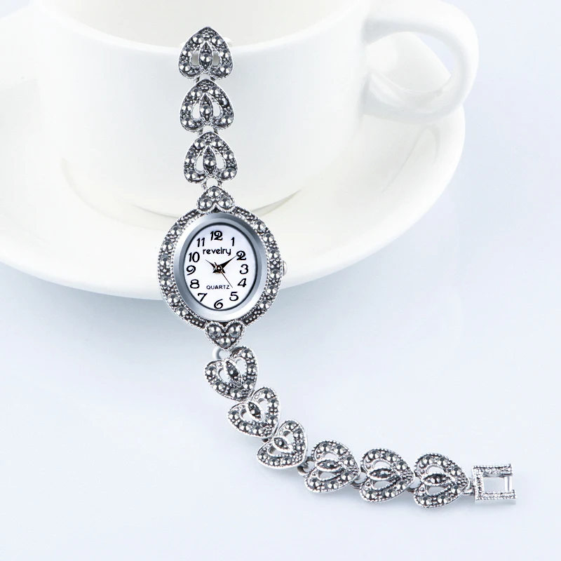 QINGXIYA Brand Luxury Women Gray Crystal Bracelet Watches Fashion Women Dress Wristwatch Ladies Antique Silver Quartz Watch