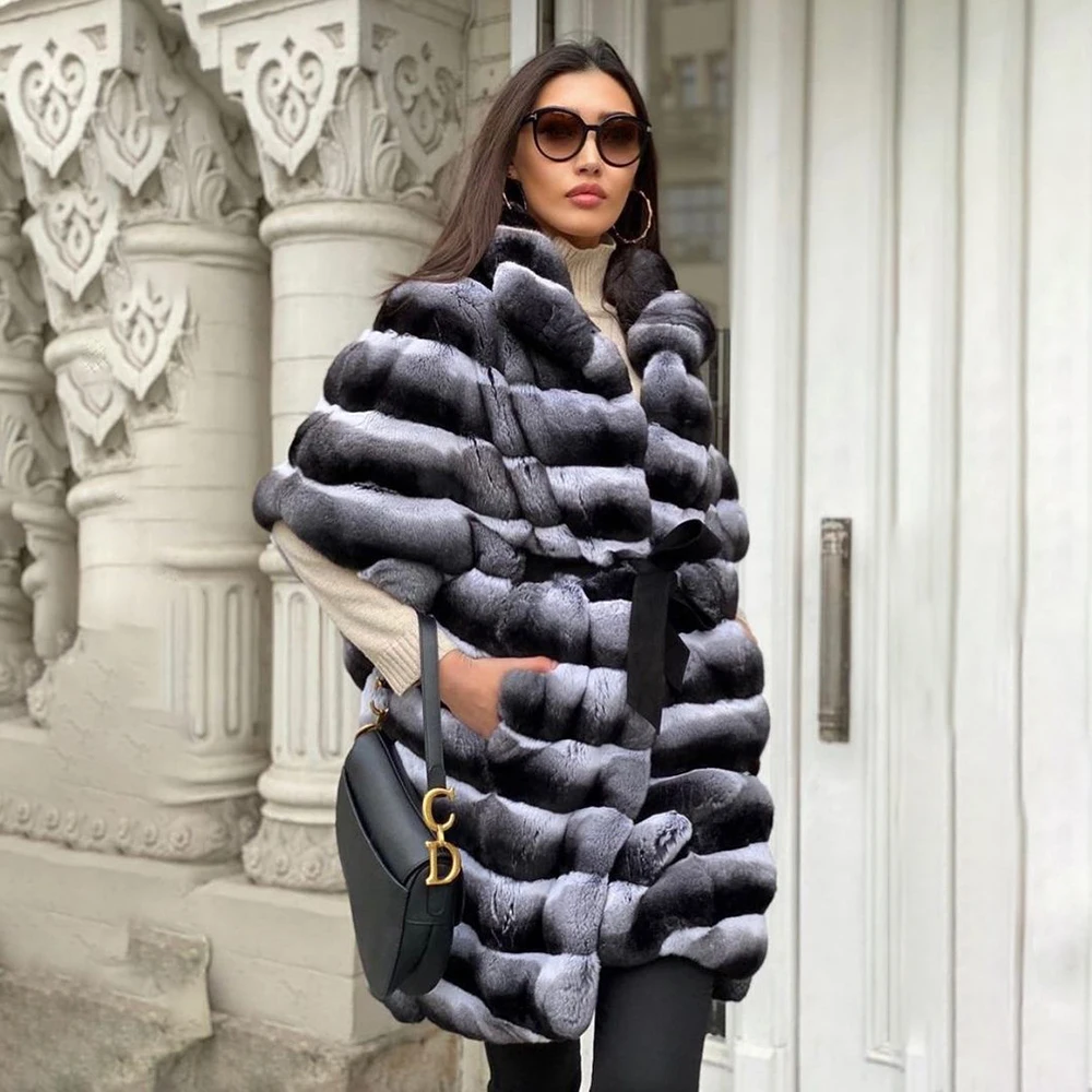 Mid-length Natural Rex Rabbit Fur Coat with Lapel Collar Winter New Trendy Genuine Chinchilla Color Rex Rabbit Fur Jackets