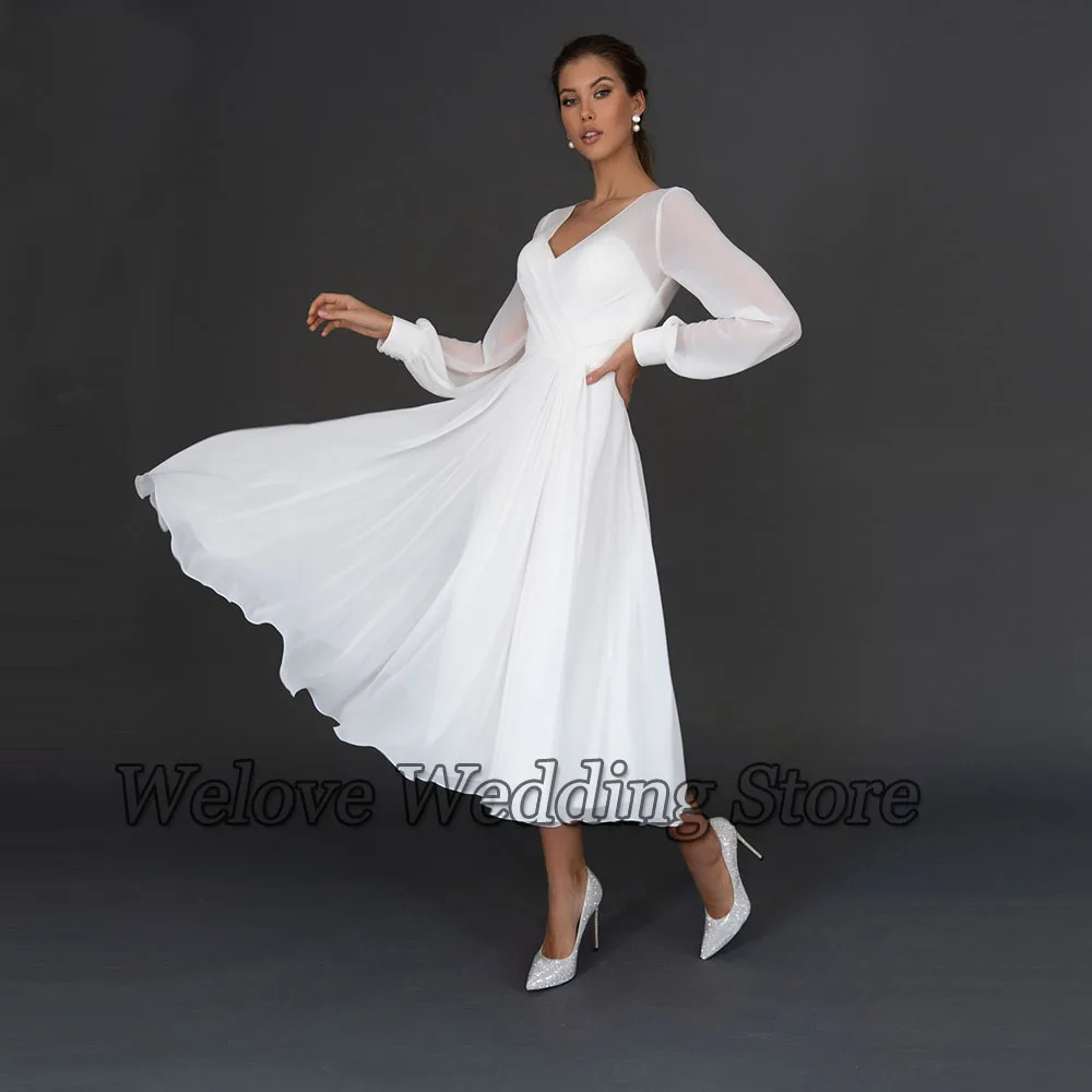 White Chiffon Short Wedding Dress For Bride Tea Length A Line Bridal Gown With Long Sleeves V Neck Very Price свадебное платье