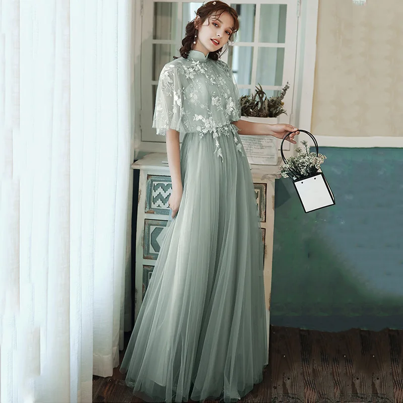 Bridesmaid Dresses Green Embroidery A-Line Wedding Guest Dress Hight Neck Half Sleeve Vestidos Floor Length Formal Gowns R067