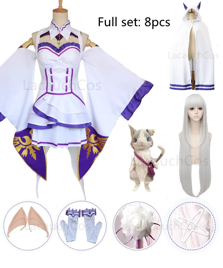 

Anime Emilia Dress Re Zero：Life in a different world Emilia Cosplay Dress Cloak wig Elf ears Halloween Party Cosplay Costume