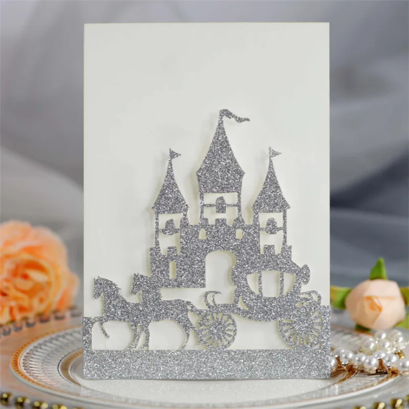 

Glittery silver castle wedding card engagement ceremony participation invitation bling bling party decoration