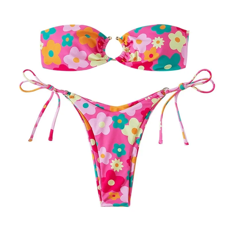 Costume da bagno a fascia con stampa floreale anello costumi da bagno donna String Bandage Biquini costumi da bagno perizoma Bikini Set 2022 nuovi