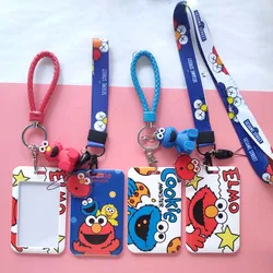 Cartoon Elmo Lanyard Push & Pull Credit Card ID Holder Bag Student Women Travel Bank Bus Business Card Cover Badge With Keychain