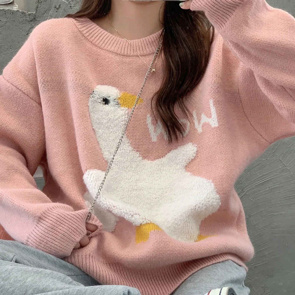 Korean Style Casual Round Neck Pullover Oversize 2XL Japanese Women Sweet Lovely Winter Cartoon Goose Printed Knitted Sweater