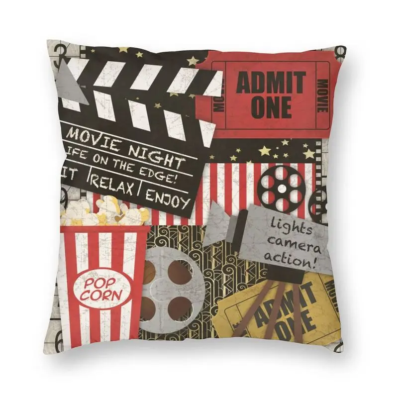 Home Movie Ticket Cushion Cover 40x40 Home Decor Printing Vintage Retro Popcorn Throw Pillow for Sofa Double Side