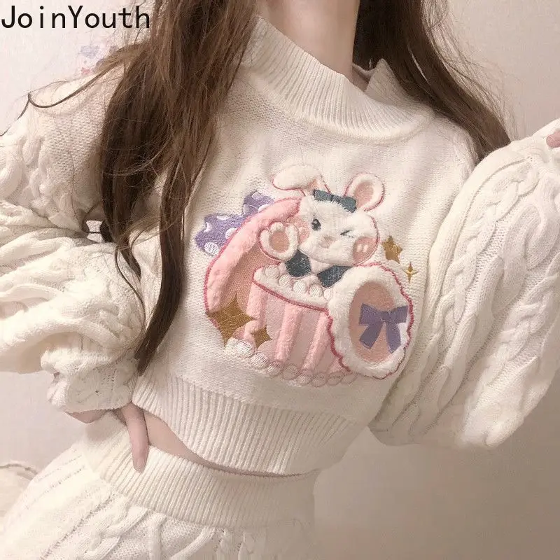 Joinyouth-Conjunto de dos piezas de moda japonesa para Mujer, jerséis recortados acanalados, minifalda ajustada, Ropa de punto, 2 piezas