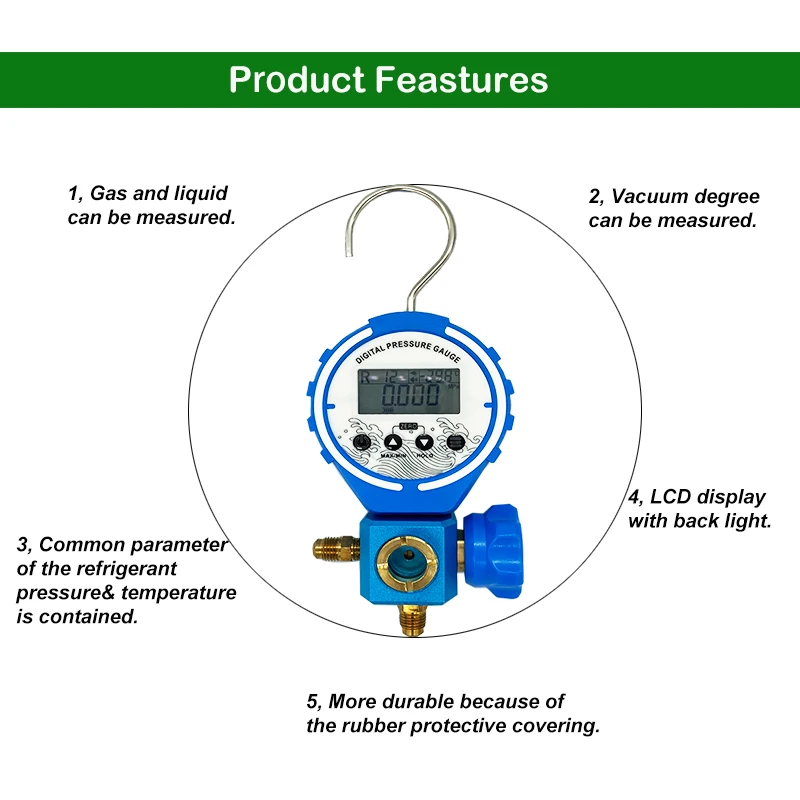 Pressure Gauge Refrigeration Digital Manifold Tester Vacuum Pressure Meter HVAC Temperature Tester Freon Pressure