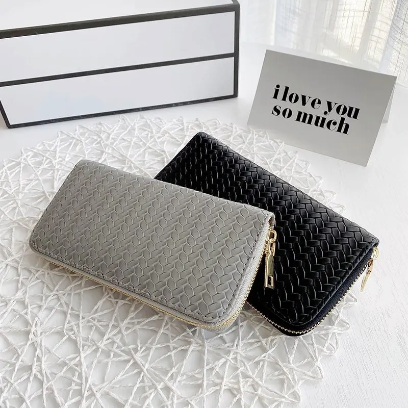 Women Weave Wallet Wrist Handle Phone Case Long Section Money Pocket Pouch Handbag Women Purse Card Holder Wallet