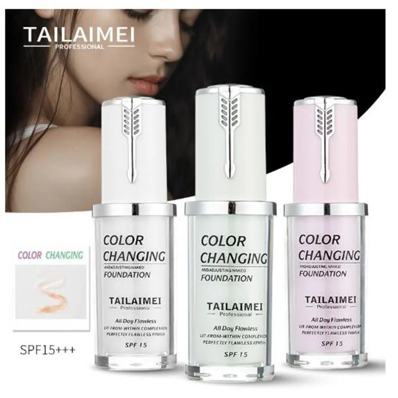 TLM 40ml white green purple temperature change liquid foundation SPF 15 concealer nude makeup high light lasting easy to fade