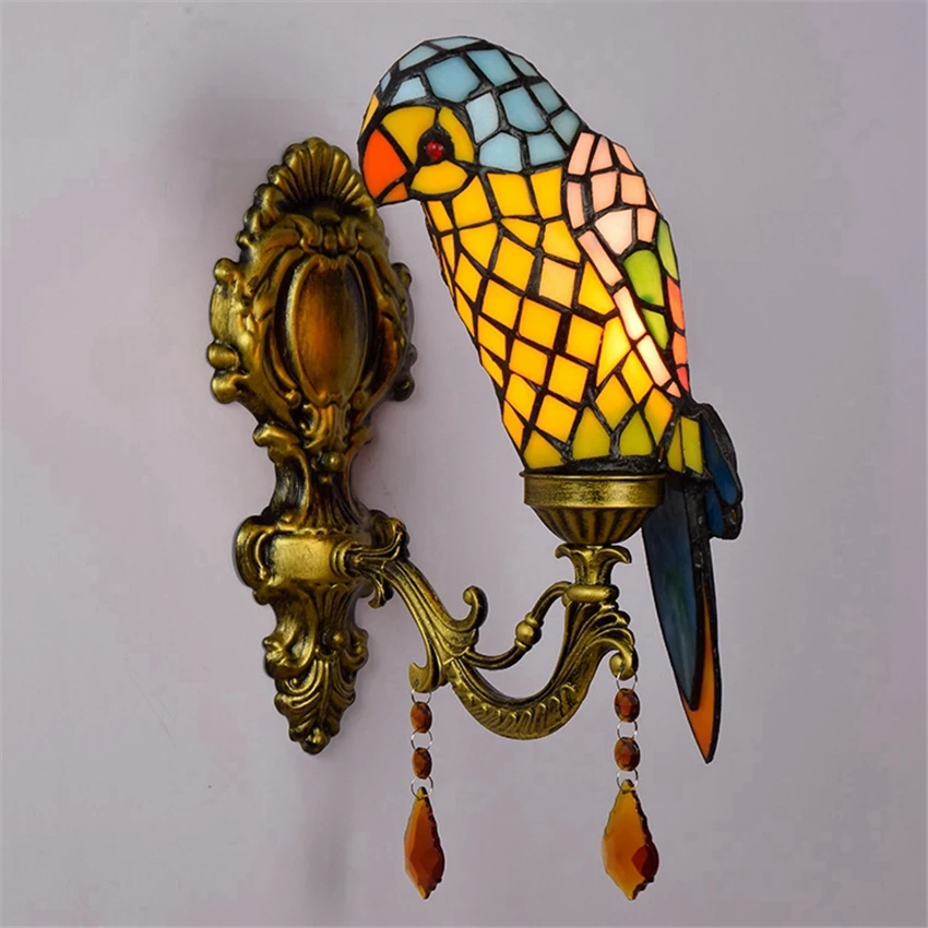 Parrot Stained Glass Wall Lamps Hotel Bedroom Bedside Lamps Pastoral Aisle Living Room Sconces Wall Lights Fixtures