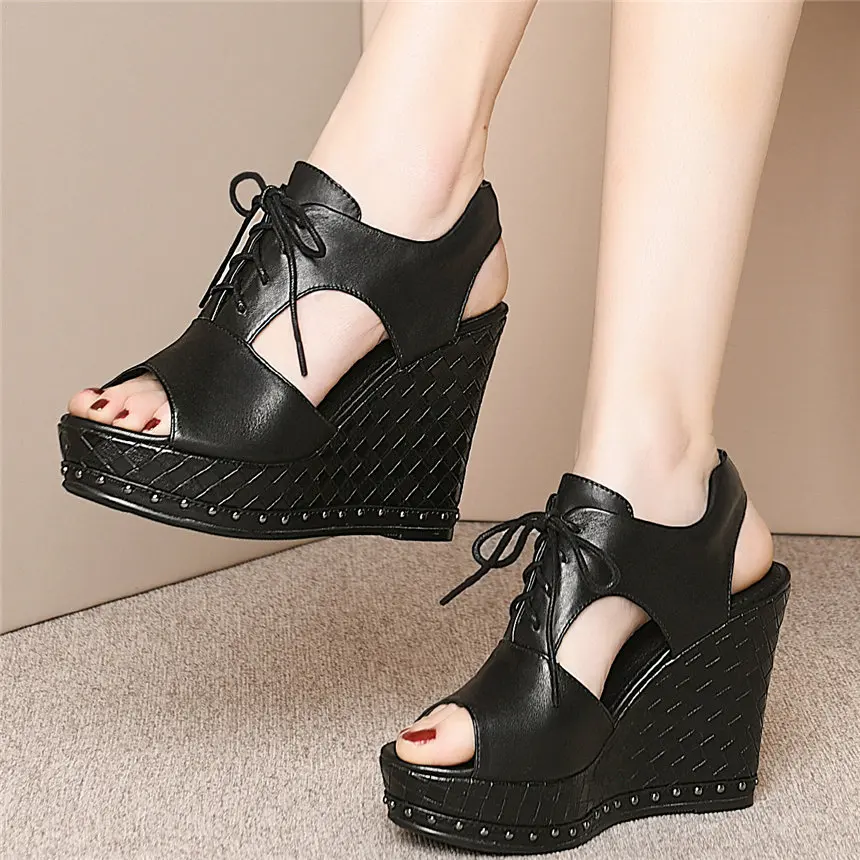 

Summer Pumps Shoes Women Lace Up Cow Leather Platform Wedges High Heel Gladiator Roman Sandals Female Open Toe Fashion Sneakers