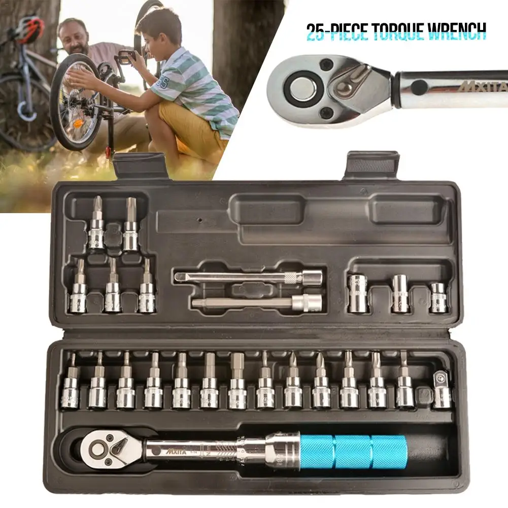 25PCS Preset Torque Wrench Bicycle Repair Adjustable Torque Wrench Kick Wrench 1/4 2-14