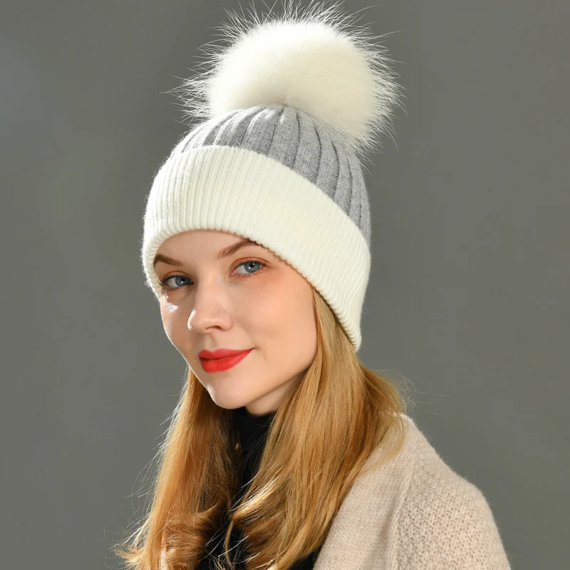 Jaxmonoy Winter Beanie Hat Real Fur Pompom Hats Women Cashmere Wool Knitted Bonnet Fur Ball Beanie Cap Big Raccoon Fur  Pompom