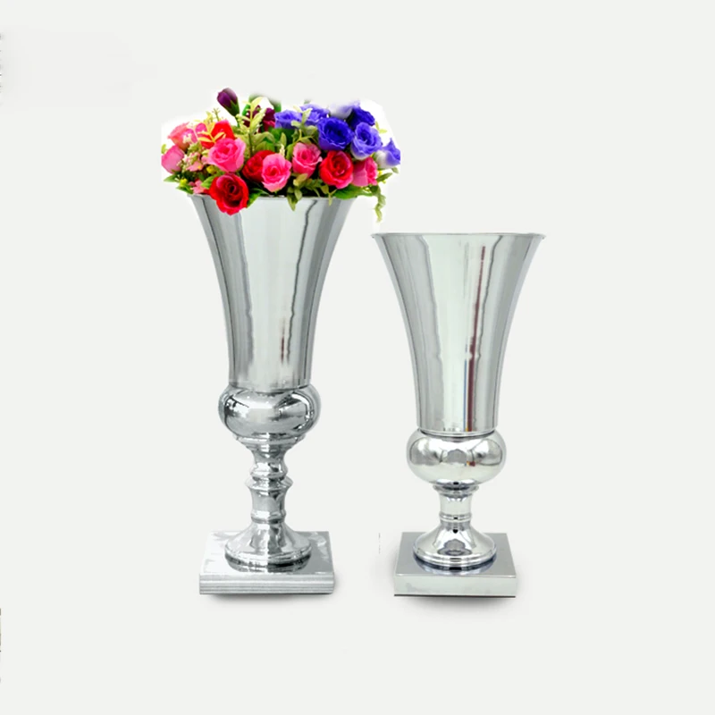 PEANDIM Shiny Silver Metal Candle Holder Celebration Party Decoration Wedding Flower Vase Strands Road Lead 40cm & 43cm