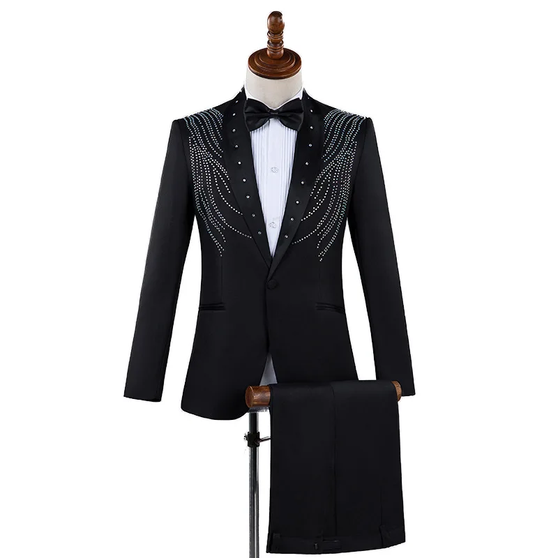 Stylish Crystal Embroidery White Suit Men Patchwork Shawl Collar One Button Suits Pants Men Wedding Party Tuxedo Costume Homme