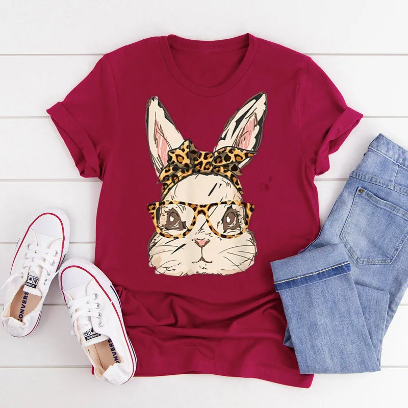 Cute Easter Bunny Leopard Bandana Sunglasses Easter 2021 Shirt  100%Cotton Top Tee Funny Letter Print Graphic O Neck Mama Mother