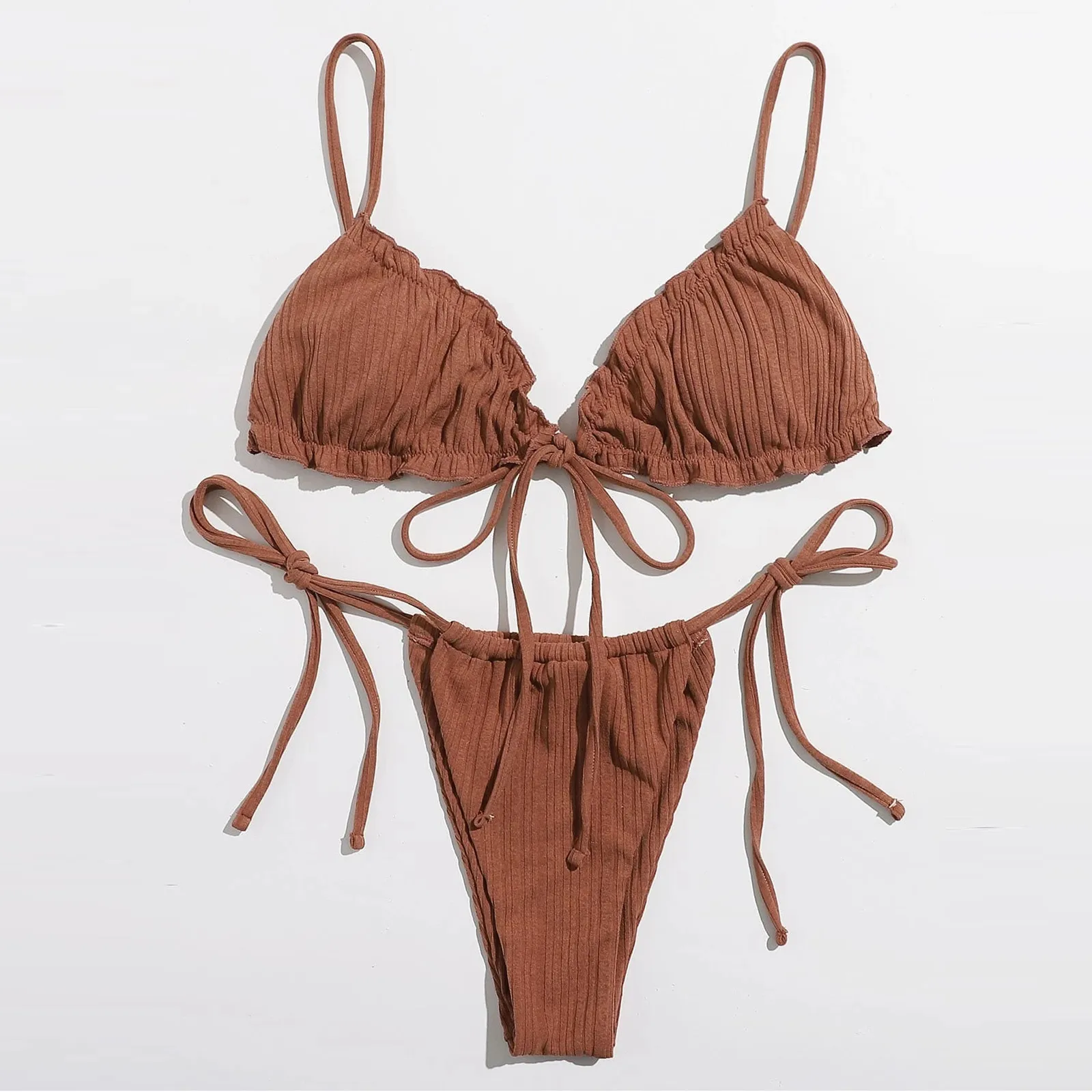 Bikini verde de cintura baja para mujer, bañador Sexy de dos piezas, traje de baño de Color sólido negro con cordones, Bikinis brasileños con Push-up