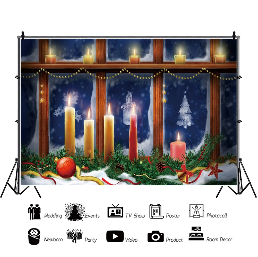 Laeacco คริสต์มาส Windowsill พื้นหลังเด็กวันเกิด Portrait เทียนคริสต์มาสต้นไม้ถ่ายภาพฉากหลังสำหรับ Photo Studi