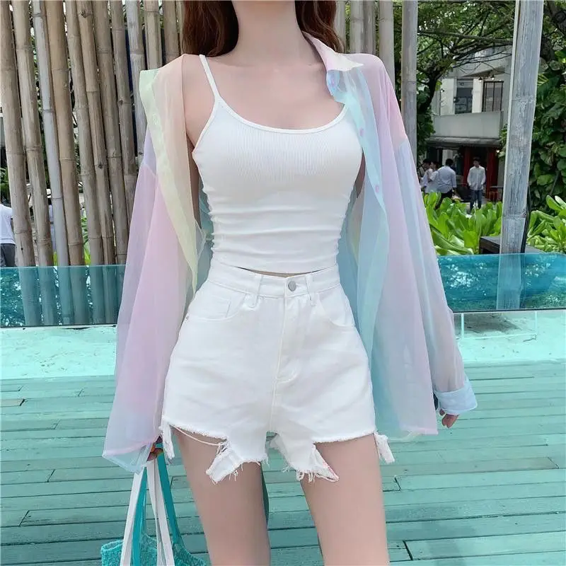 Gradient Rainbow Shirts Women Elegant Holiday Outdoor Sun-proof Translucent Long Sleeve Outerwear Female Tender Korean Fashion